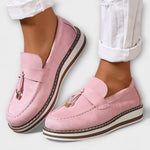 Bequeme Hausschuhe mit runder Spitze in Rosa, Schlupf-Loafer mit Schmuckband