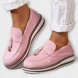 Bequeme Hausschuhe mit runder Spitze in Rosa, Schlupf-Loafer mit Schmuckband