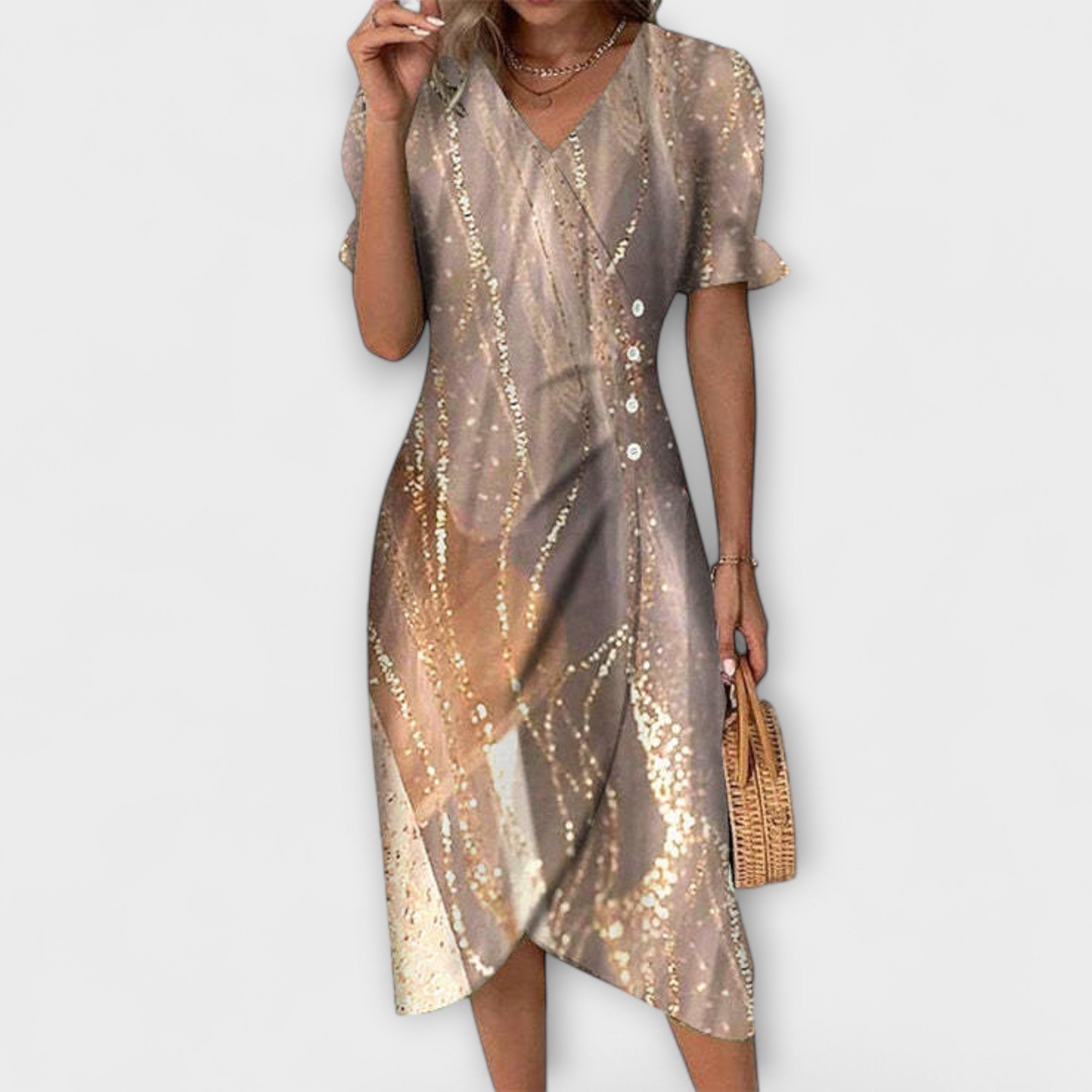 Sommerkleid mit V-Ausschnitt, beiger Schimmeroptik und goldenen Paillettenlinien, Knielänge
