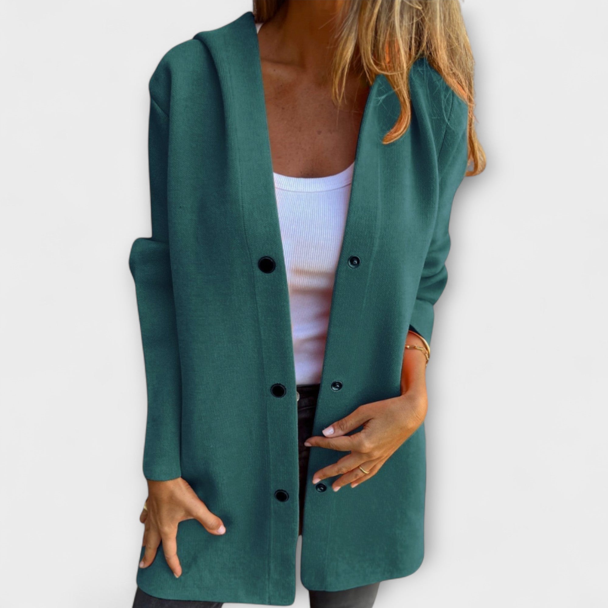 Grüne Jacke mit Knopfleiste und Kapuze, lockere Passform