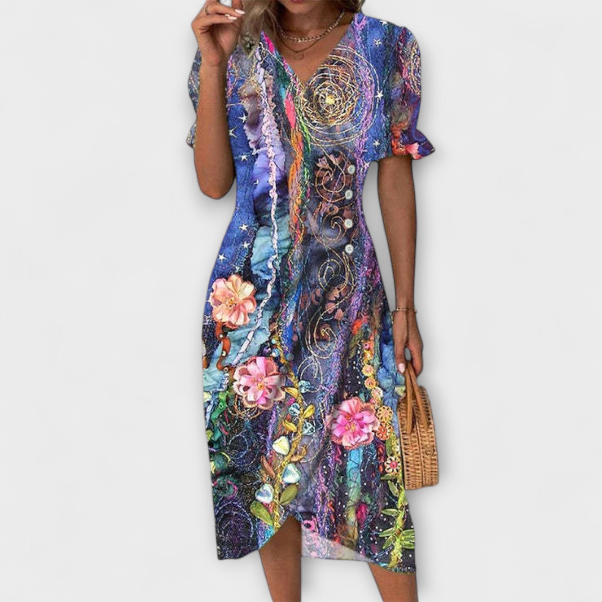 Sommerkleid mit V-Ausschnitt, blauem Stoff mit bunten Blumenmotiven, Knielänge