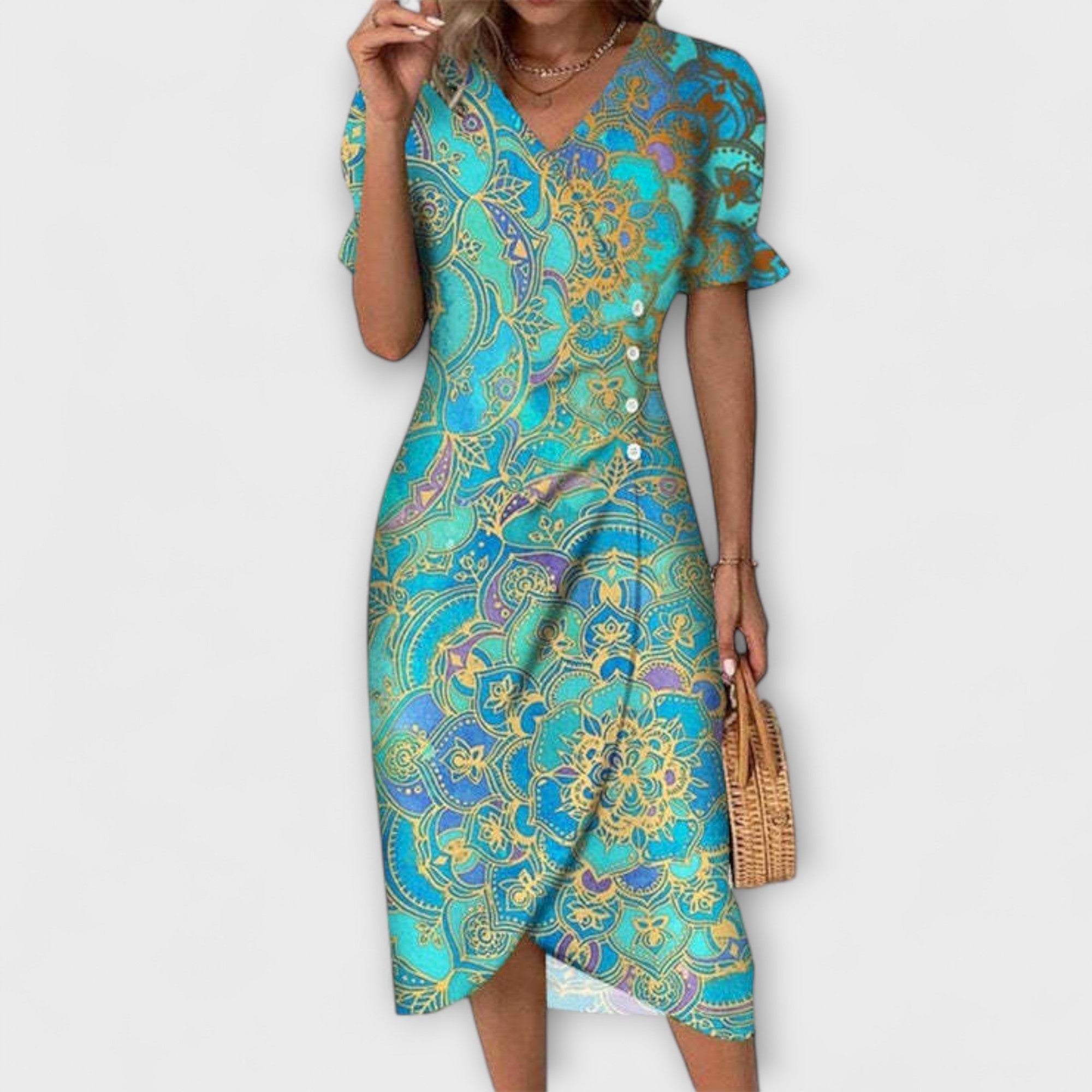 Sommerkleid mit V-Ausschnitt, türkisblauer Stoff mit goldenem Ornamenteprint, Knielänge