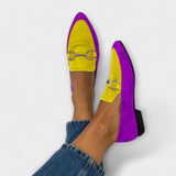 Vesper Retro-Ballerinas, gelb mit violettem Rand und Metall-Schnalle