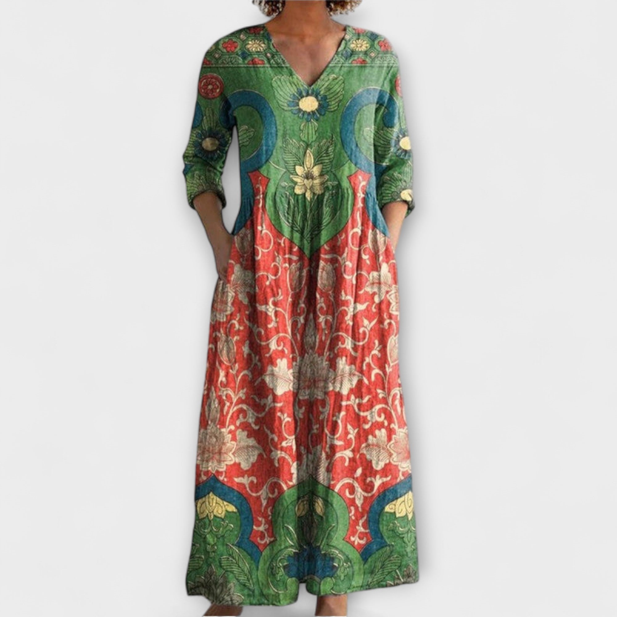 Maxikleid mit Vintage-Blumenmuster, V-Ausschnitt, lange Ärmel, weit fallend