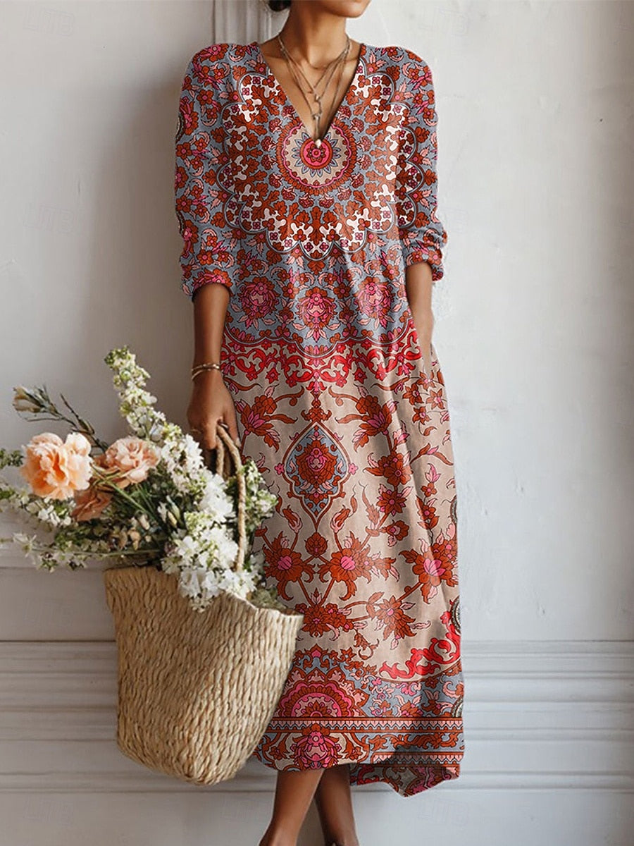 Boho-Midikleid mit Mandala-Muster, langarm, V-Ausschnitt
