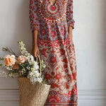 Boho-Midikleid mit Mandala-Muster, langarm, V-Ausschnitt
