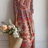Boho-Midikleid mit Mandala-Muster, langarm, V-Ausschnitt