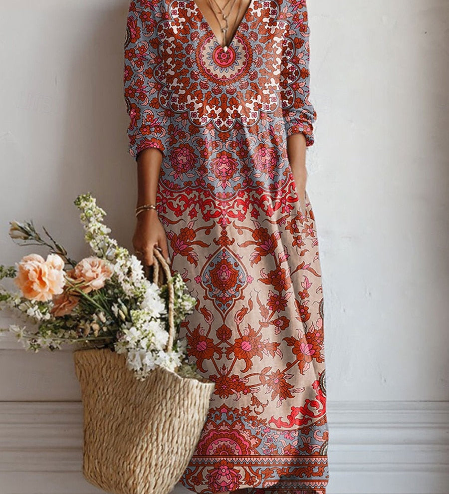 Boho-Midikleid mit Mandala-Muster, langarm, V-Ausschnitt