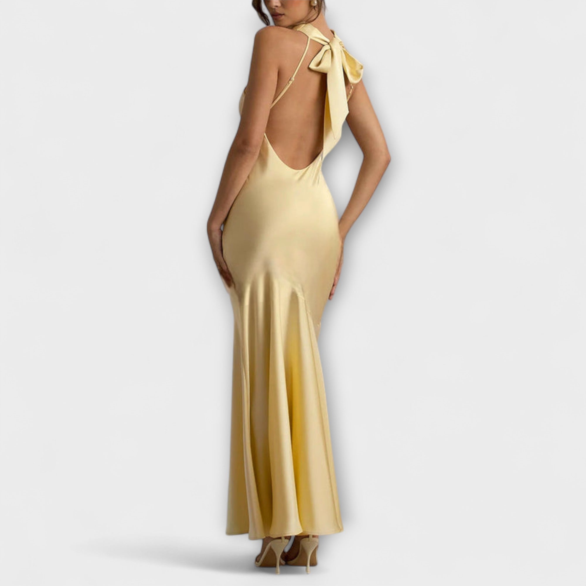 Maxikleid aus Satin in Hellgelb mit Schleife am Nacken und offenem Rücken