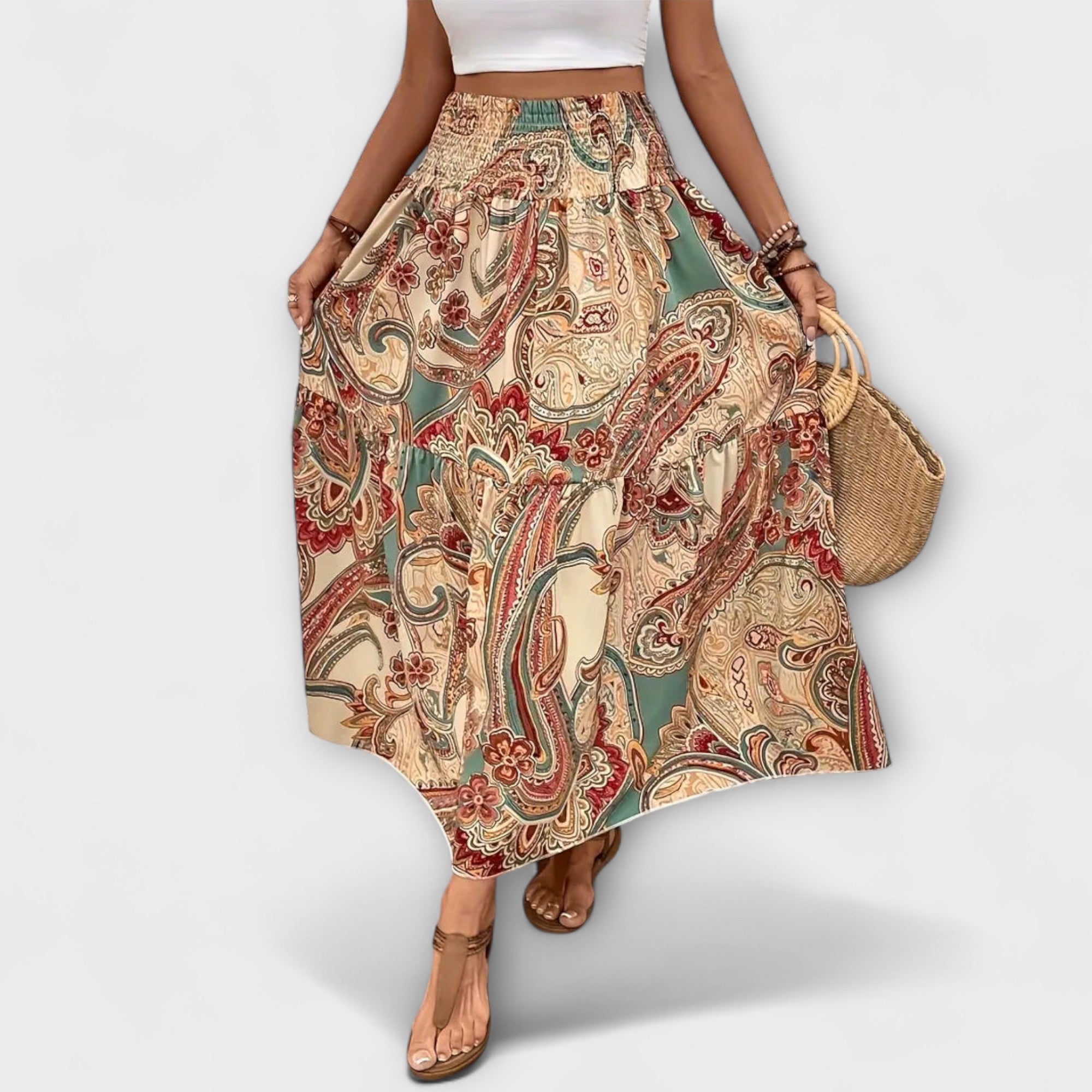 Weit schwingender Rock mit Paisley-Muster in Beige, elastischer Bund, seitlich geschnitten