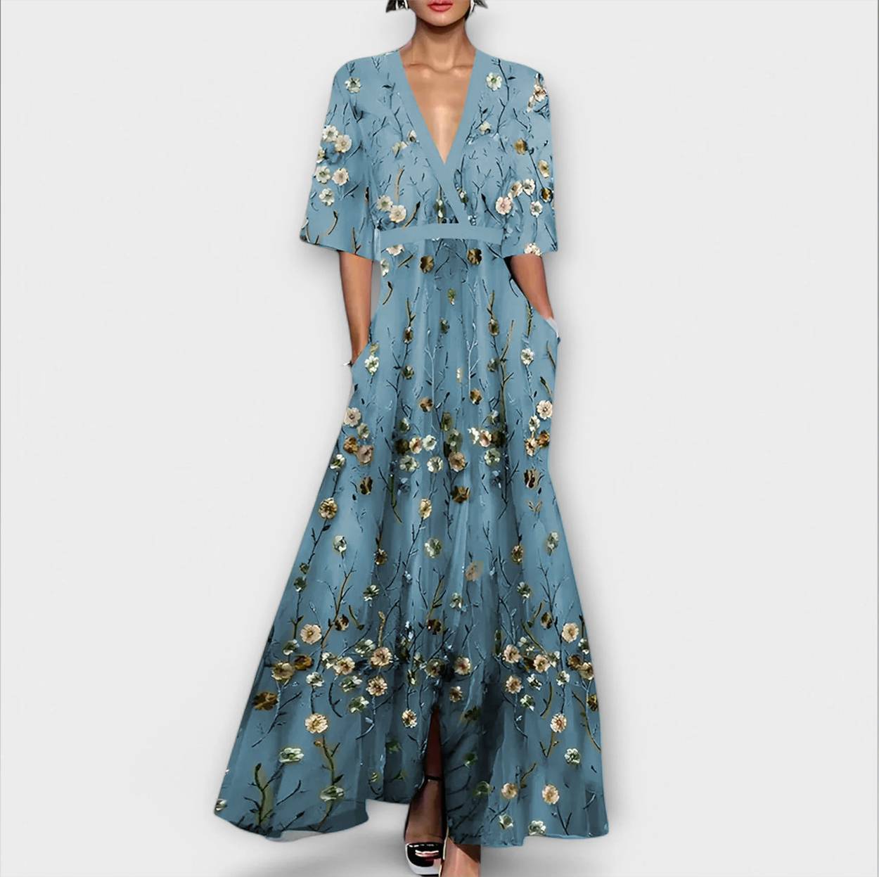 Bequemes Maxikleid mit V-Ausschnitt und Blumenmuster, petrolblau, knie-weit schwingend