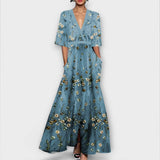 Bequemes Maxikleid mit V-Ausschnitt und Blumenmuster, petrolblau, knie-weit schwingend