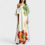Asymmetrisches Floral-Maxikleid in Creme mit bunten Blumen, seitlicher Drapierung