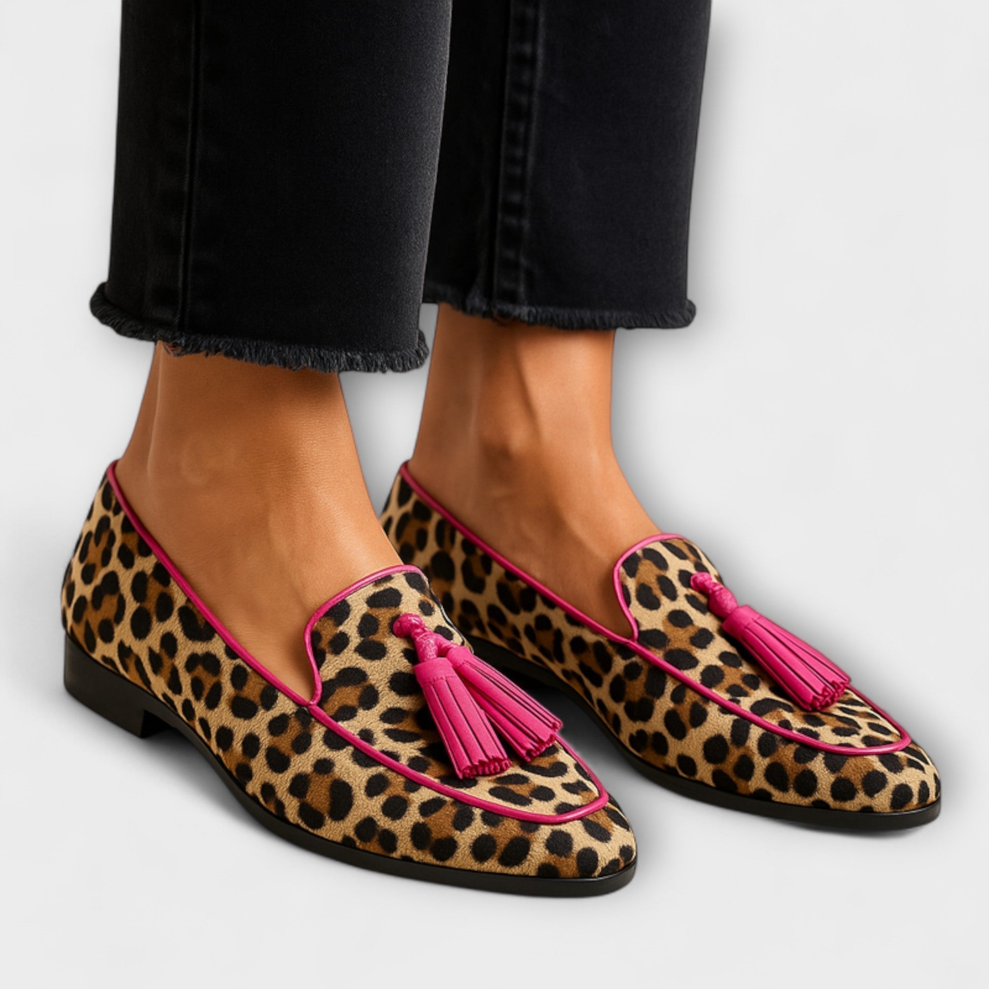 Schuh: flache Slipper mit Leopardenmuster, pinken Quasten und schmalen Fersenriemen