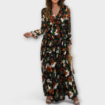 Elegantes Kleid mit V-Ausschnitt, langen Ärmeln und Volants, schwarzes Blumenmuster