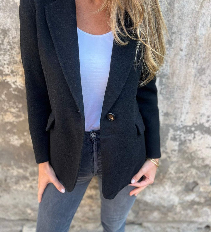 Lässige Jacke mit Revers, lange Ärmel, Knopfverschluss, Schwarz