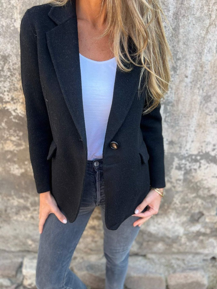 Lässige Jacke mit Revers, lange Ärmel, Knopfverschluss, Schwarz