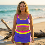 Bauchfreier Bikini-Set, lila mit neon-gelben und pinkfarbenen Streifen
