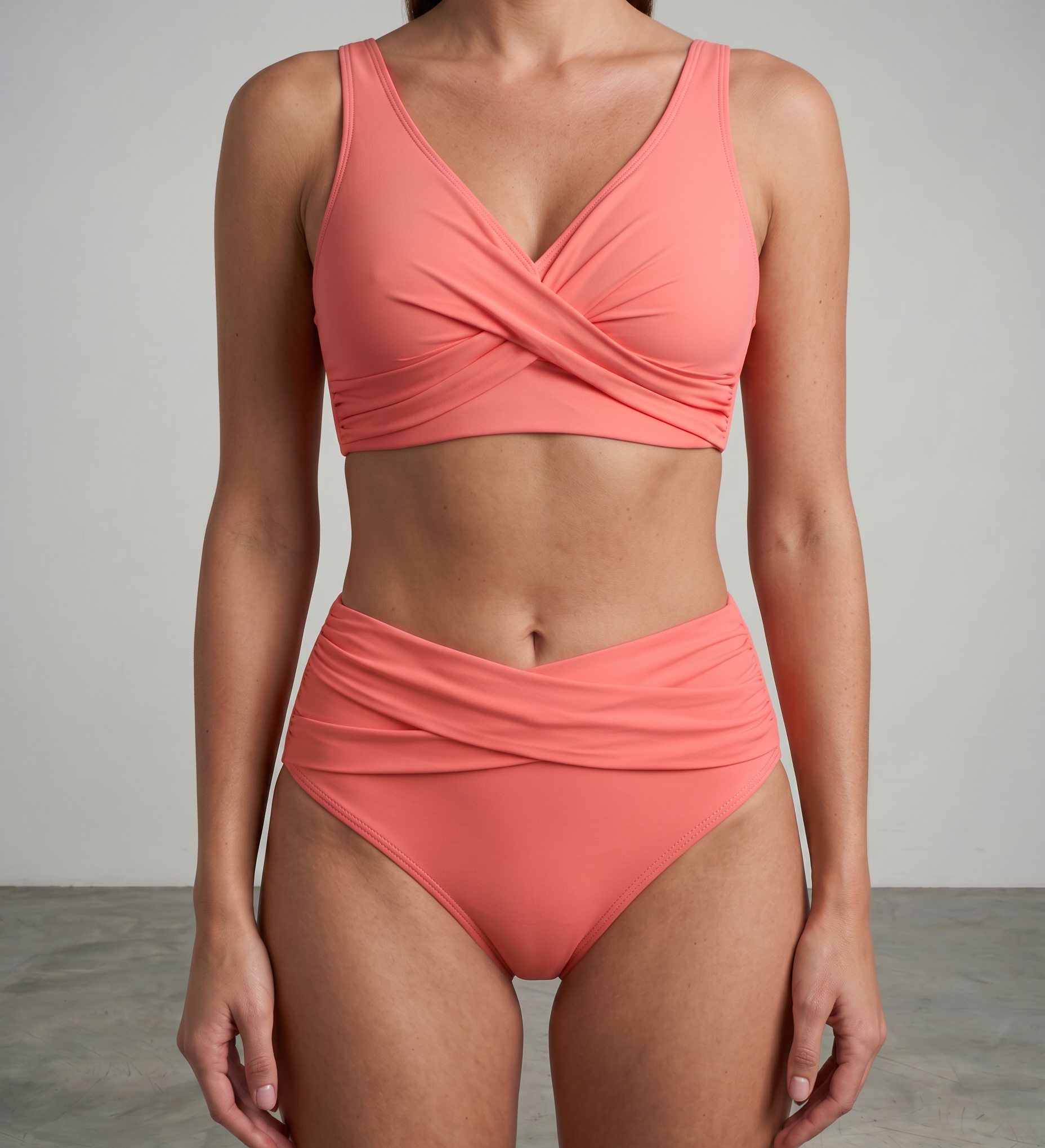 Orangenes Sculpting-Bikini-Set mit gekreuztem Triangeloberteil und gerafftem Slip