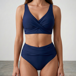 Dunkelblaues Sculpting-Bikini-Set mit gekreuztem Triangeloberteil und hohem Slip