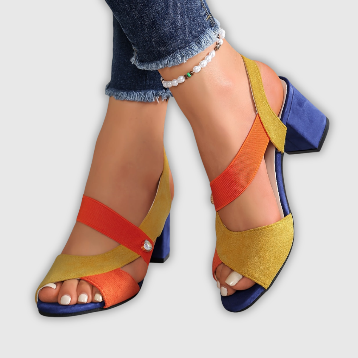Schicke orthopädische Sandalen mehrfarbig mit Riemen, Blockabsatz und Knöchelperlen