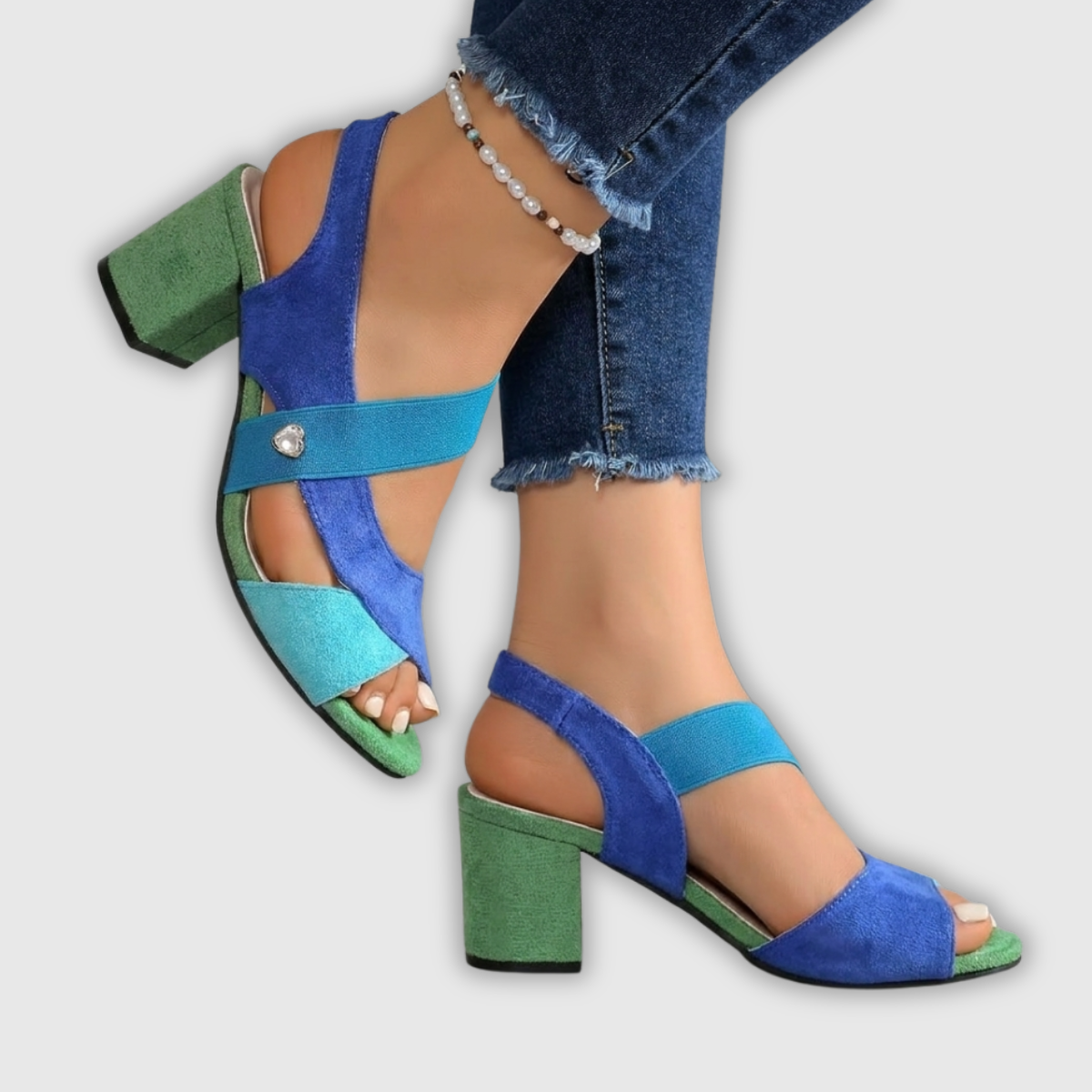 Schicke orthopädische Sandalen in Blau mit Schmuck-Perlen am Knöchel, Blockabsatz