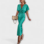 Grünes Maxikleid aus Satin mit V-Ausschnitt und Kreuzknoten, Kurzarm, schmal sitzend
