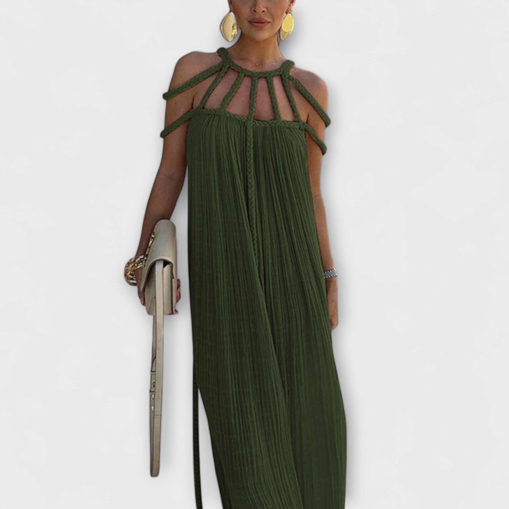 Olivgrünes Maxikleid mit Drapierungen und Zopfträgern am Ausschnitt