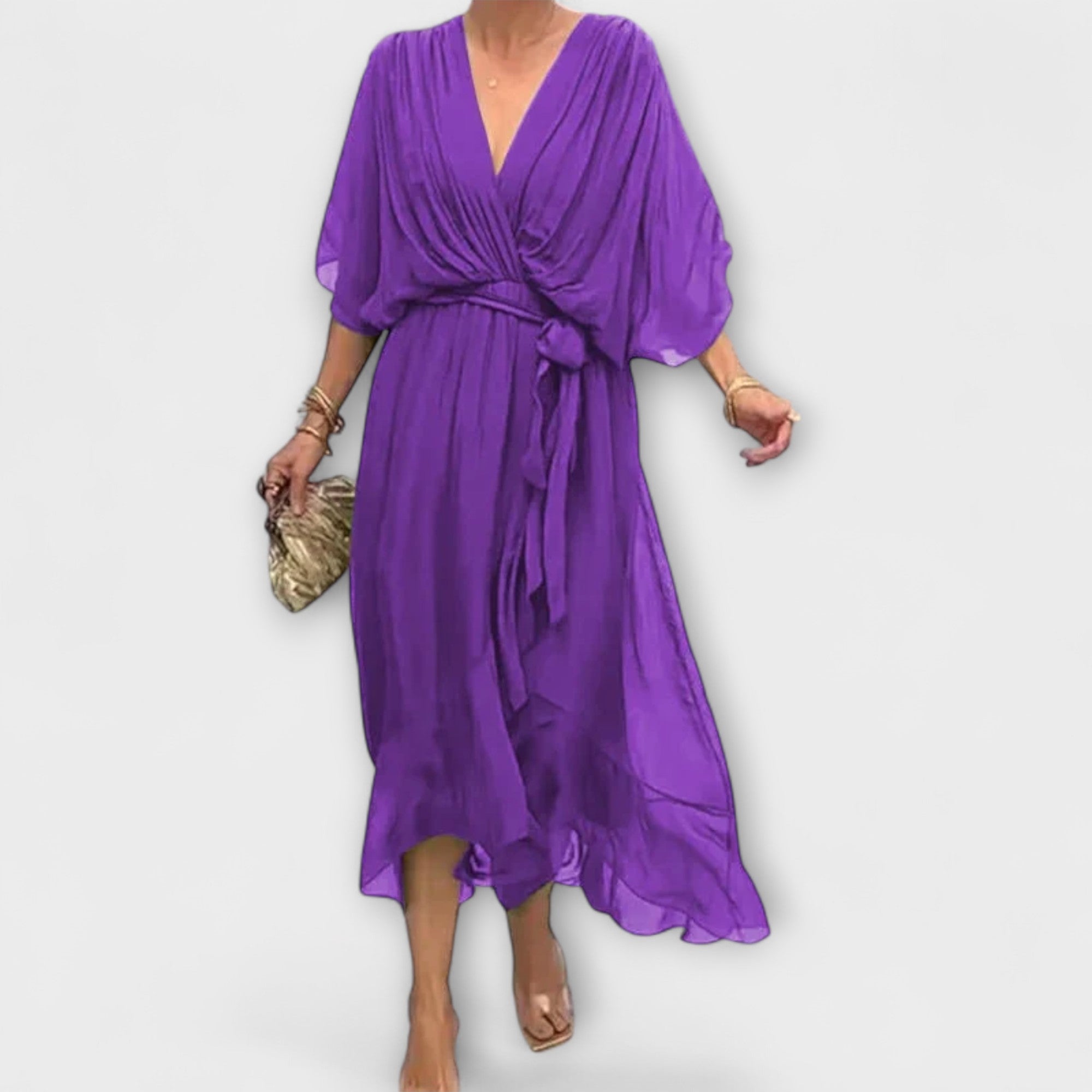 Chiffonkleid mit V-Ausschnitt, lila, Taillengürtel zum Binden, fließender Rock