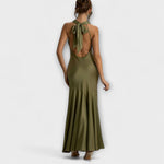 Maxikleid aus Satin mit Schleife am Nacken und offenem Rücken, olivgrün