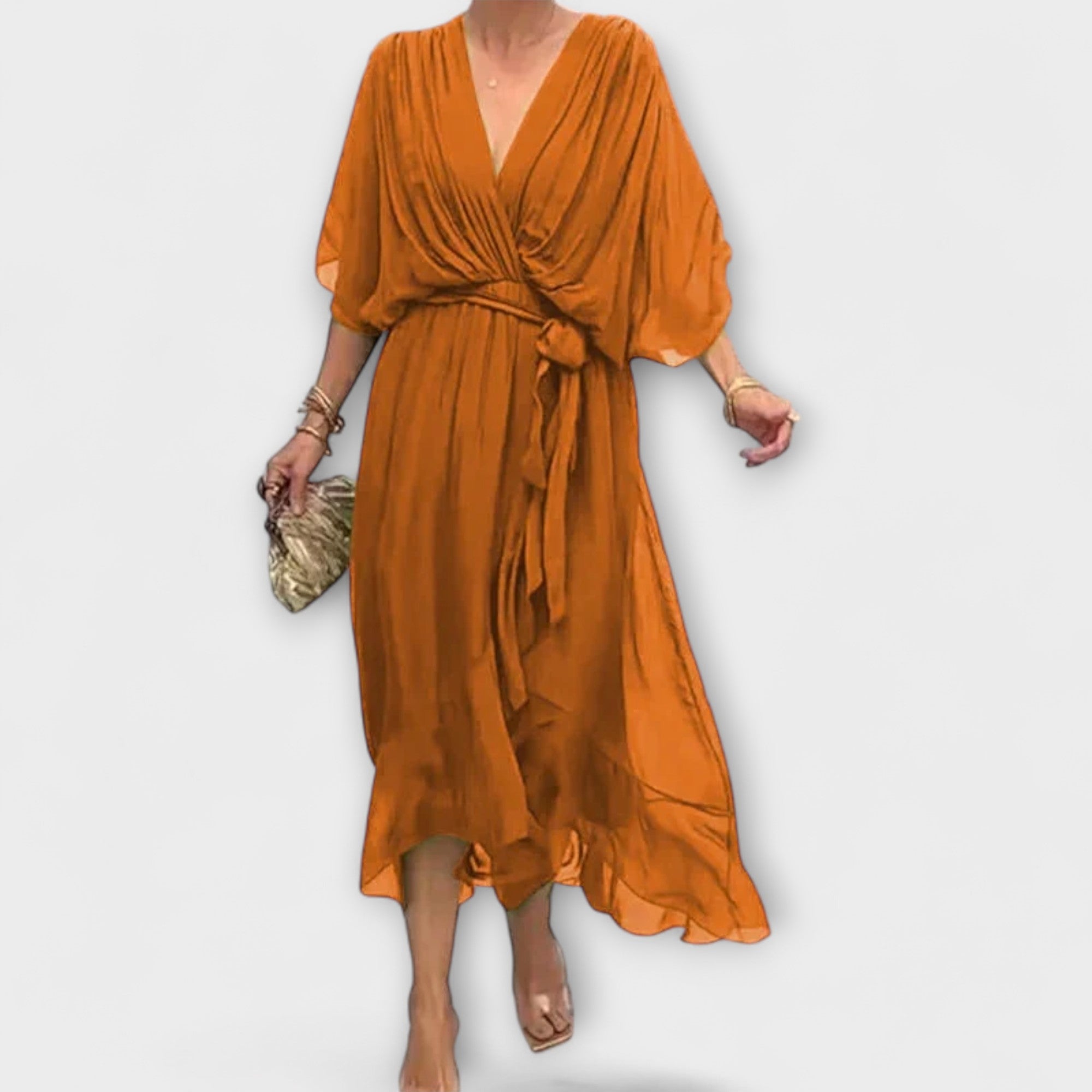Chiffonkleid mit V-Ausschnitt, orange, Wickeloptik mit Bindegürtel, leicht fließender Rock