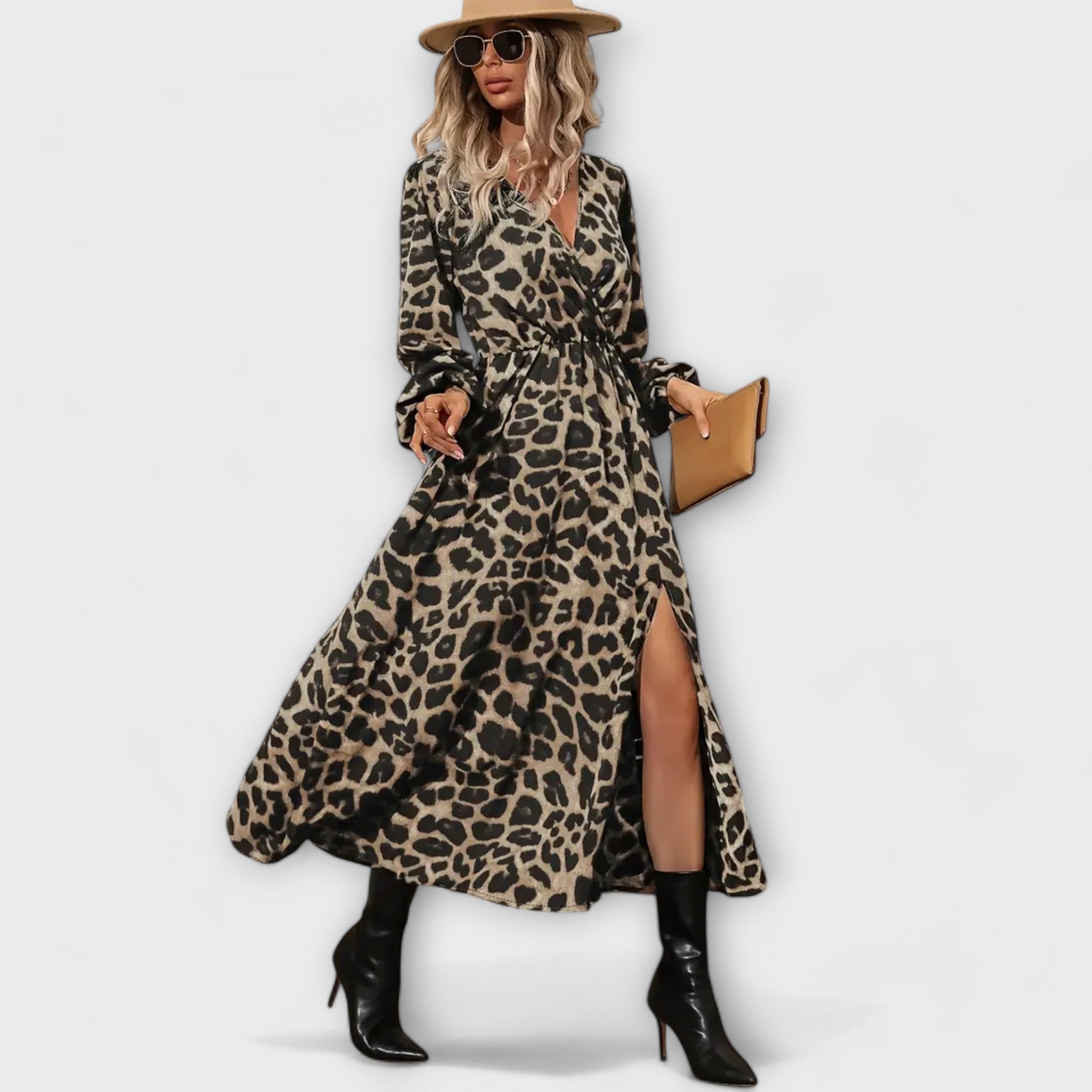 Maxikleid mit Leopardenmuster, V-Ausschnitt, langen Ärmeln und seitlichem Beingabel