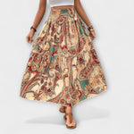 Midi-Rock mit Paisley-Muster in Beige/Mehrfarbig, elastischer Bund, locker fallende Form