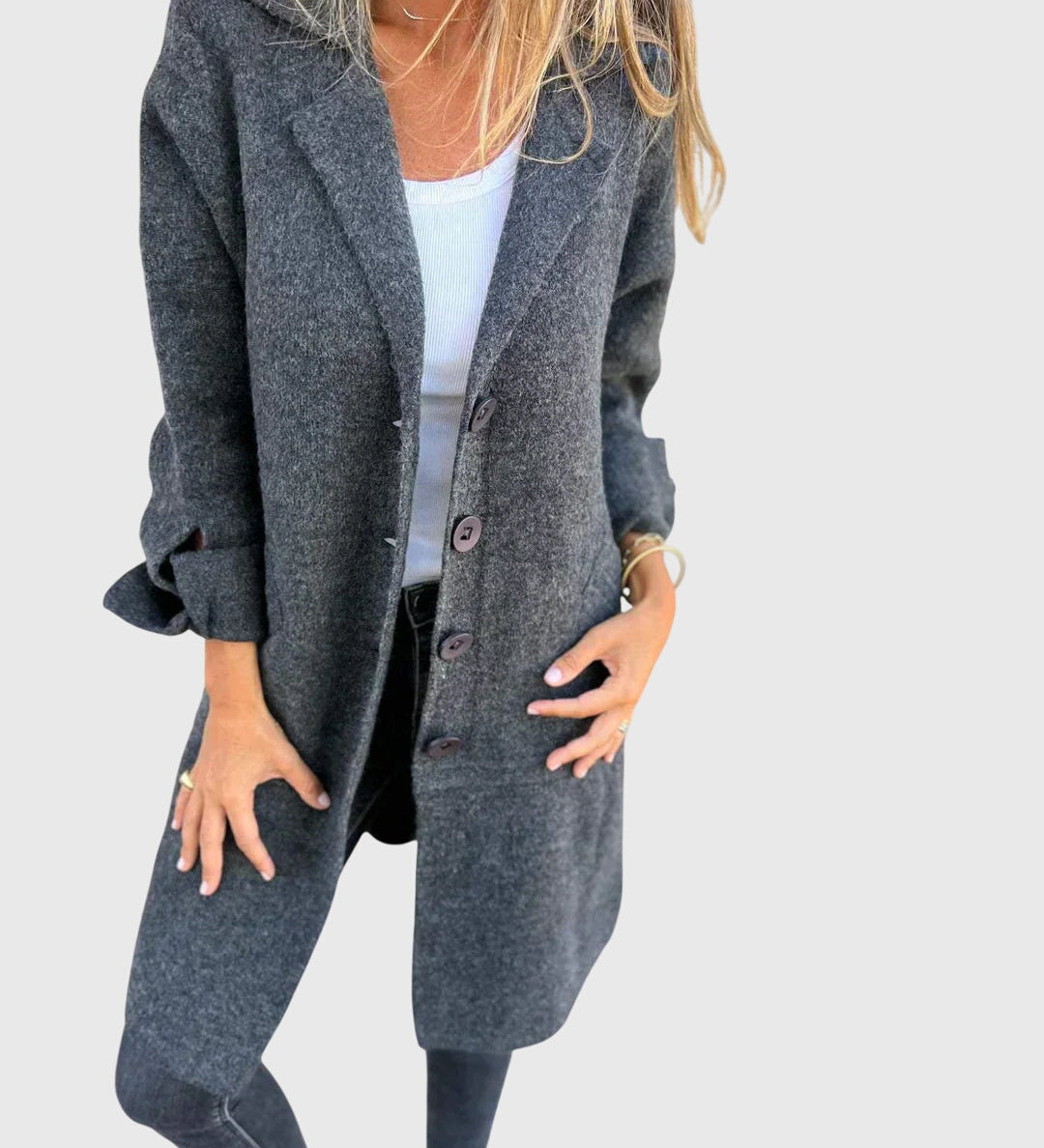 Dunkelgrauer Blazer mit Knopfdetails, langer Schnitt und Reverskragen