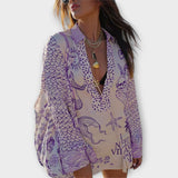 Satin-Shirt-und-Shorts-Set in lila mit Fisch- und Wellenprint