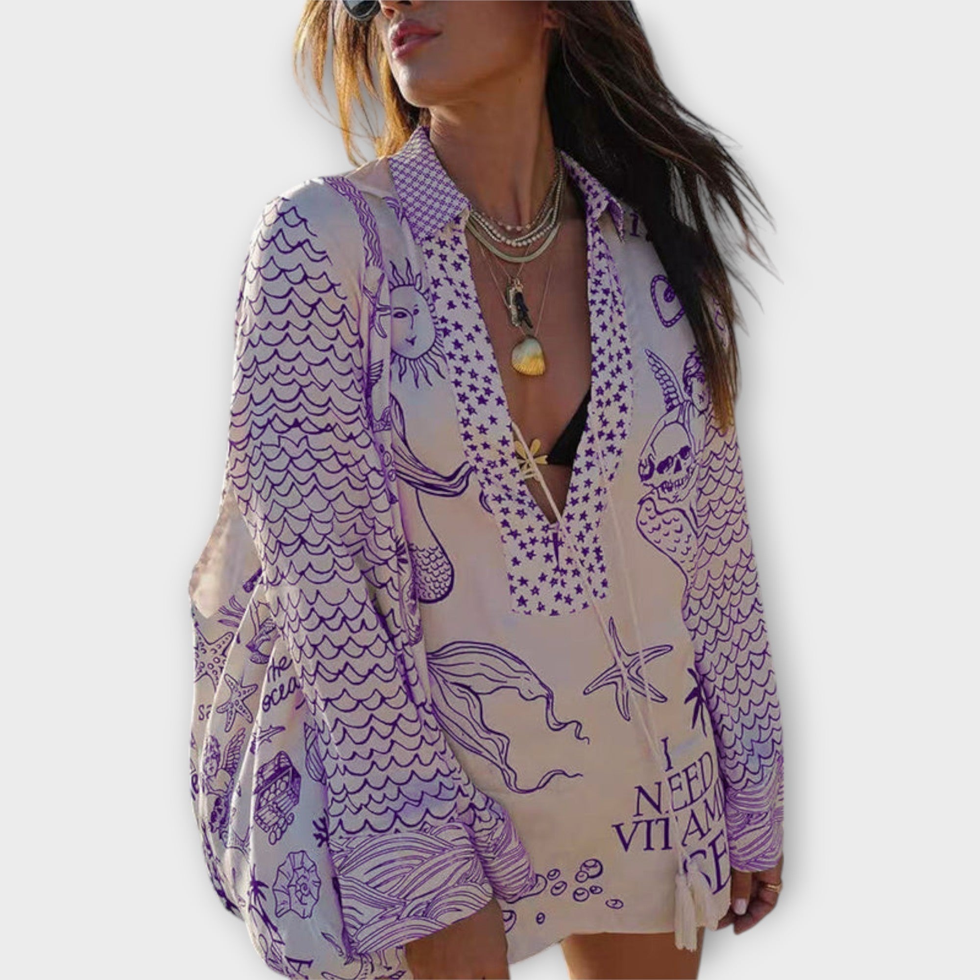 Satin-Shirt-und-Shorts-Set in lila mit Fisch- und Wellenprint