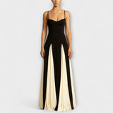 Schwarzes A-Linien-Maxikleid mit Tüllpaneelen in Creme und Spaghetti-Trägern