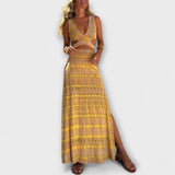 Senfgelbes Tie-Dye-Stretchkleid mit Cutouts, ärmellos und bodenlangem Schlitz