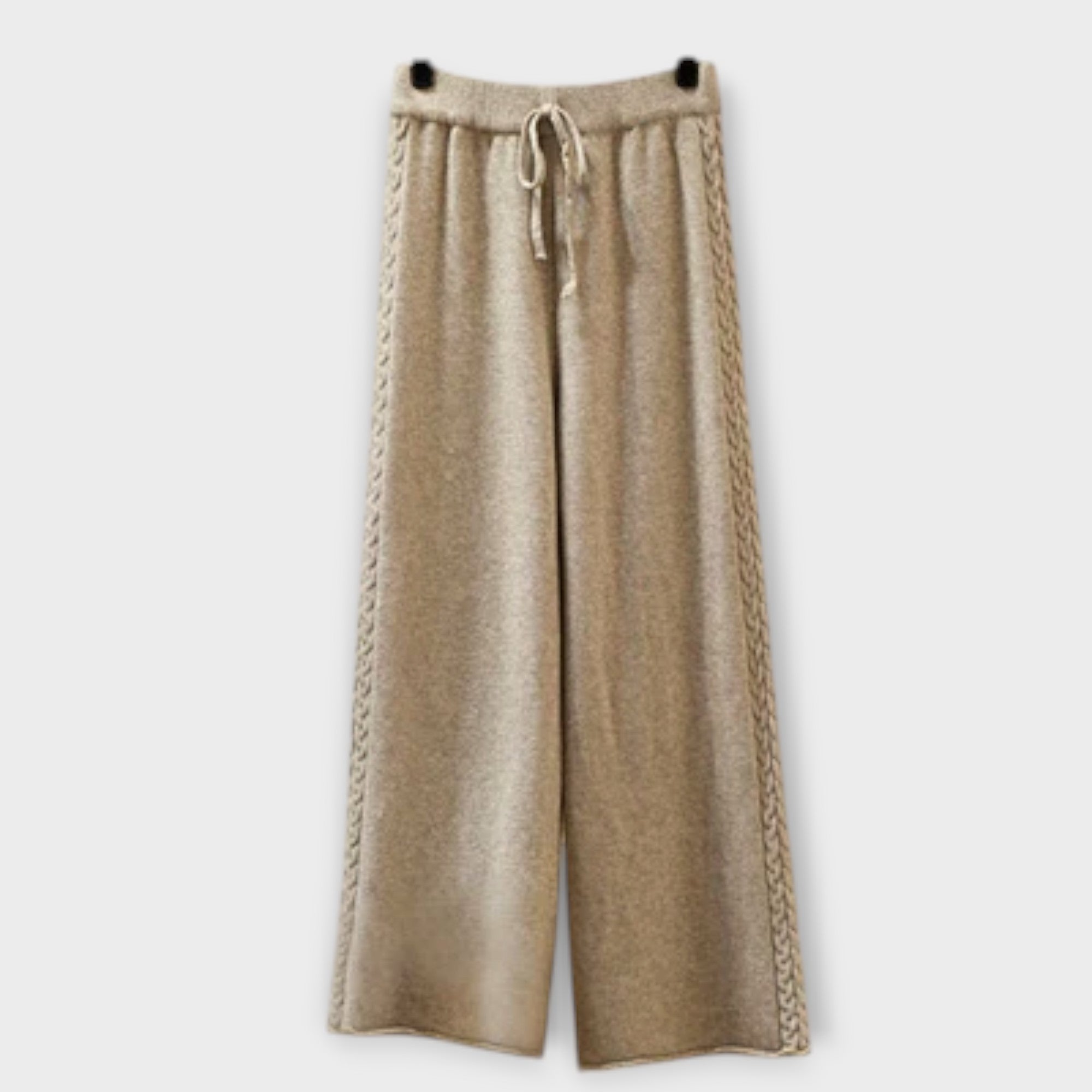 Beige weite Strickhose mit Tunnelzug und breitem Bund
