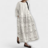 Beiges Spitzenmuster-Kleid mit A-Linien-Schnitt, Rundhalsausschnitt und 3/4-Ärmeln