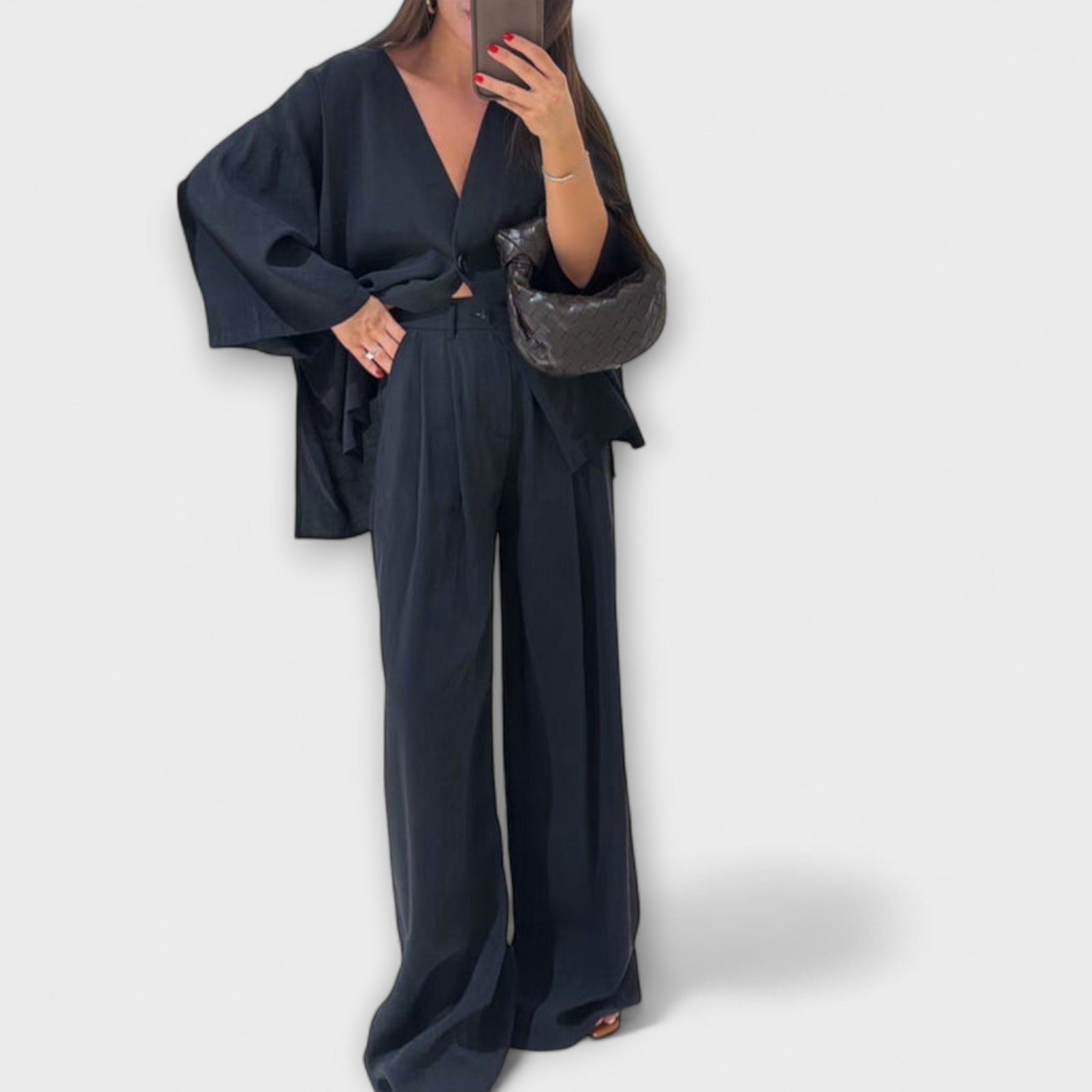 Dunkelblaues V-Ausschnitt-Top mit weitem Hose-Set, weite Ärmel