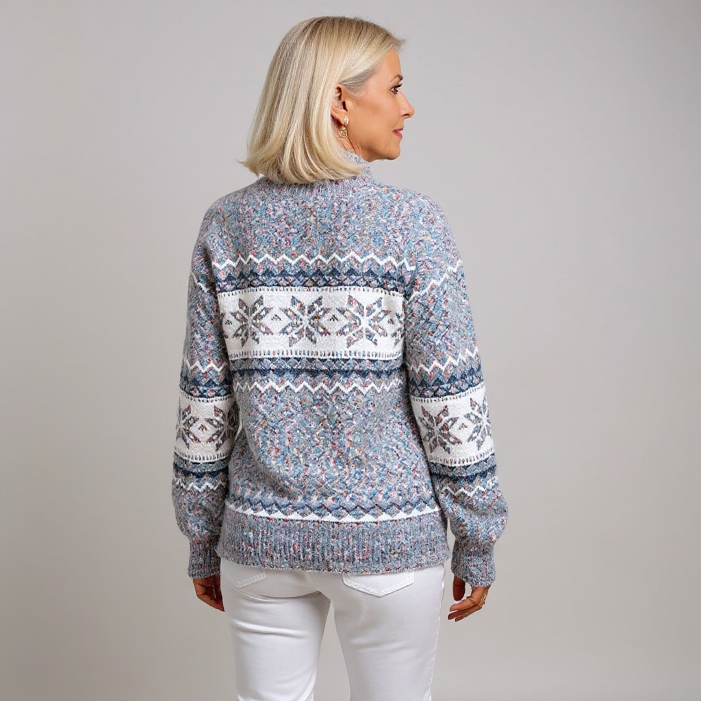 Melanie™ Pullover, Rückansicht mit blau-beigem Muster, langen Ärmeln und Rundhals