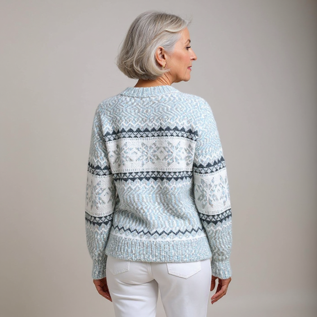 Pullover mit Stehkragen, hellblauem Zackenmuster und Norwegerstreifen auf der Rückseite