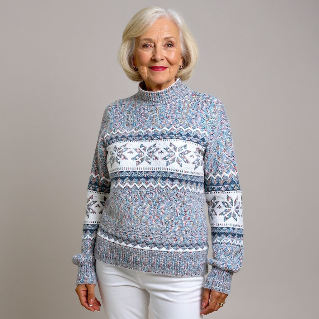 Pullover mit Stehkragen, blau gemustertem Strick und breiten Norwegerstreifen