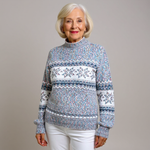 Pullover mit Stehkragen, blau gemustertem Strick und breiten Norwegerstreifen