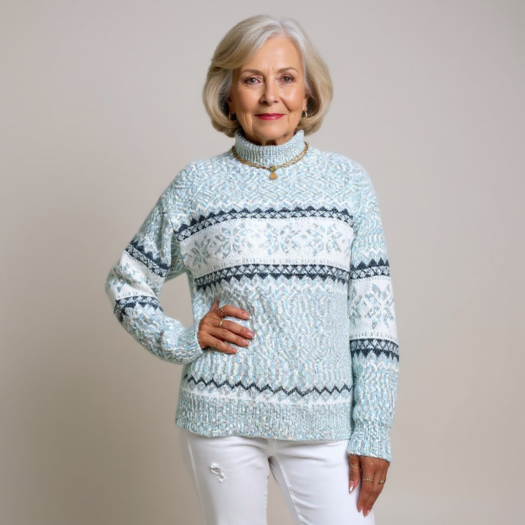 Pullover mit Stehkragen, hellblau gemusterter Strickoptik und Norwegerstreifen vorne