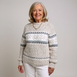 Melanie™ Pullover aus beigem Strick mit blauen Jacquardstreifen, Rundhals