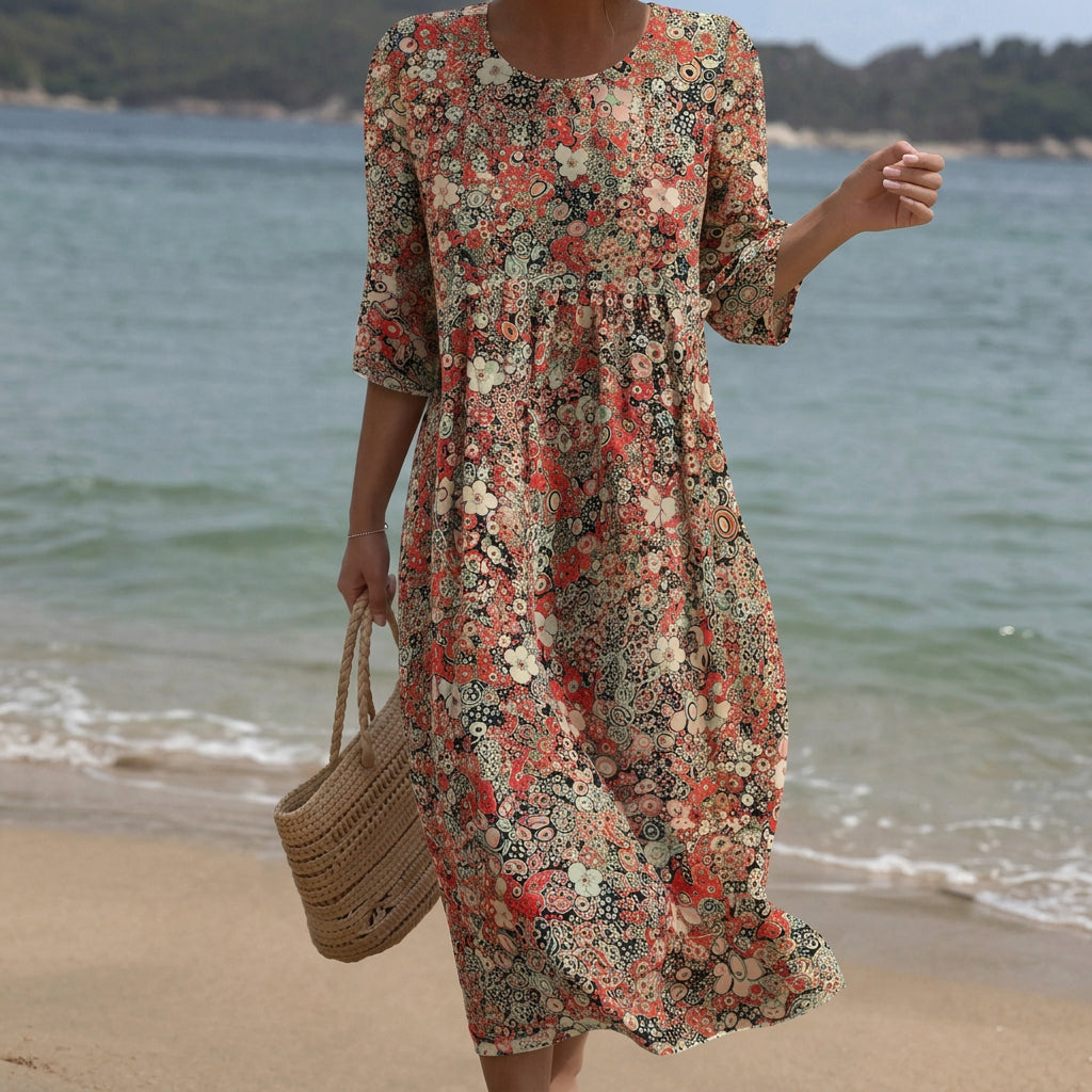 Maxikleid mit Rundhals und Blumenmuster, 3/4-Ärmeln