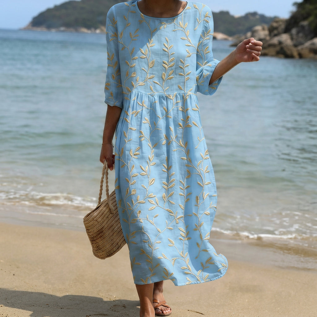 Midi-Kleid mit Rundhalsausschnitt, hellblaues Blumenmuster, kurze Ärmel