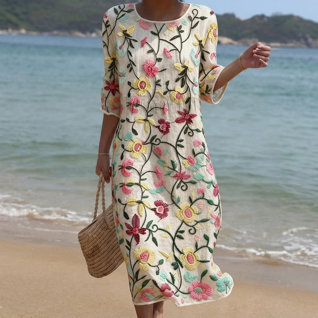 Damen Floral-Kleid, Rundhalsausschnitt, Kurzarm, knielang; creme mit bunten Blumen